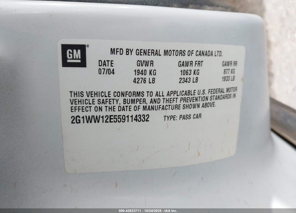 2005 CHEVROLET MONTE CARLO VIN: 2G1WW12E559114332