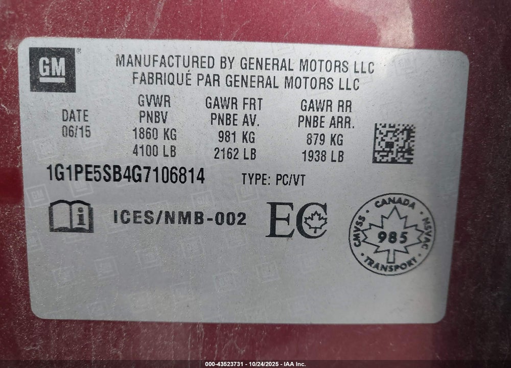2016 CHEVROLET CRUZE LIMITED VIN: 1G1PE5SB4G7106814