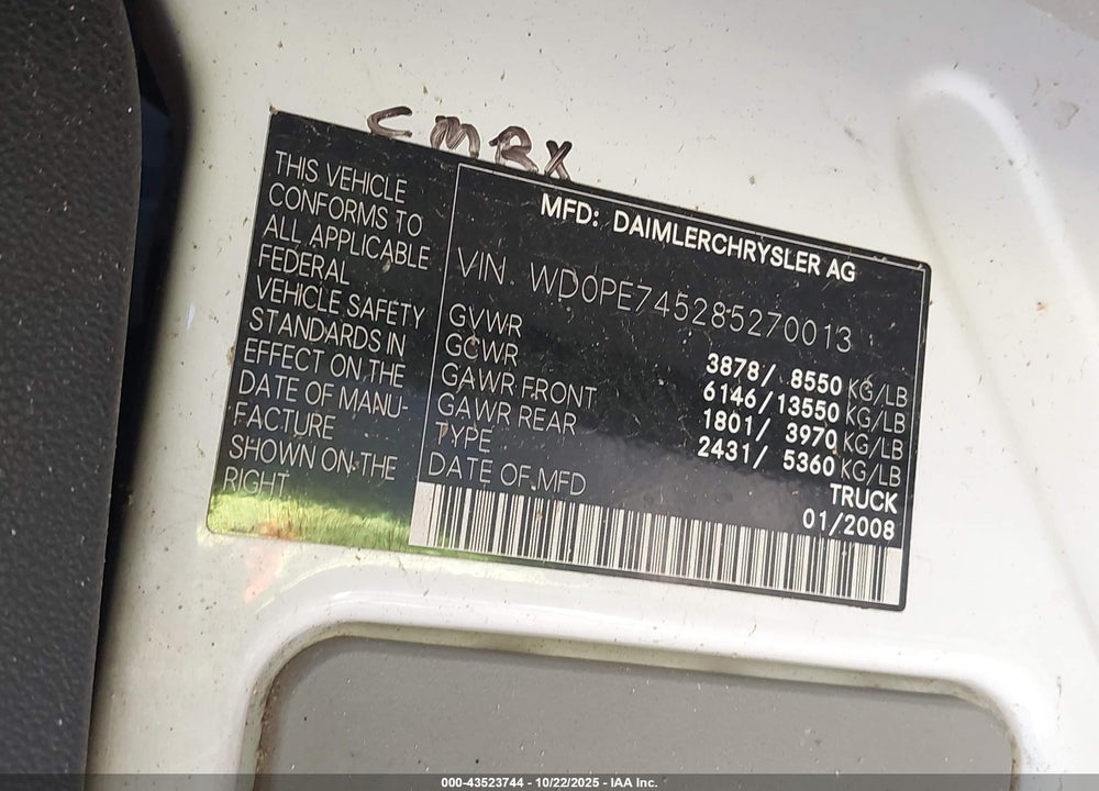 2008 DODGE SPRINTER VAN 2500 VIN: WD0PE745285270013
