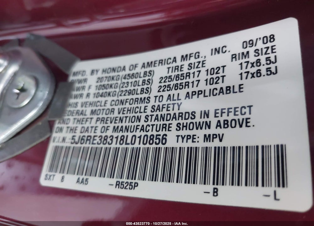 2008 HONDA CR-V LX VIN: 5J6RE38318L010856