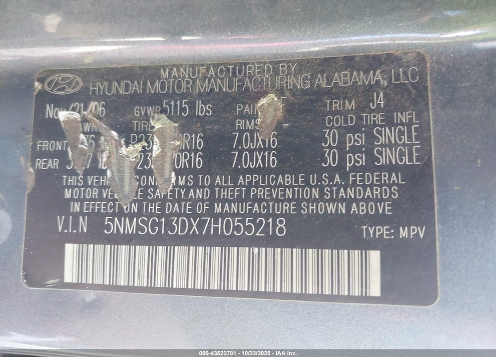 2007 HYUNDAI SANTA FE GLS VIN: 5NMSG13DX7H055218
