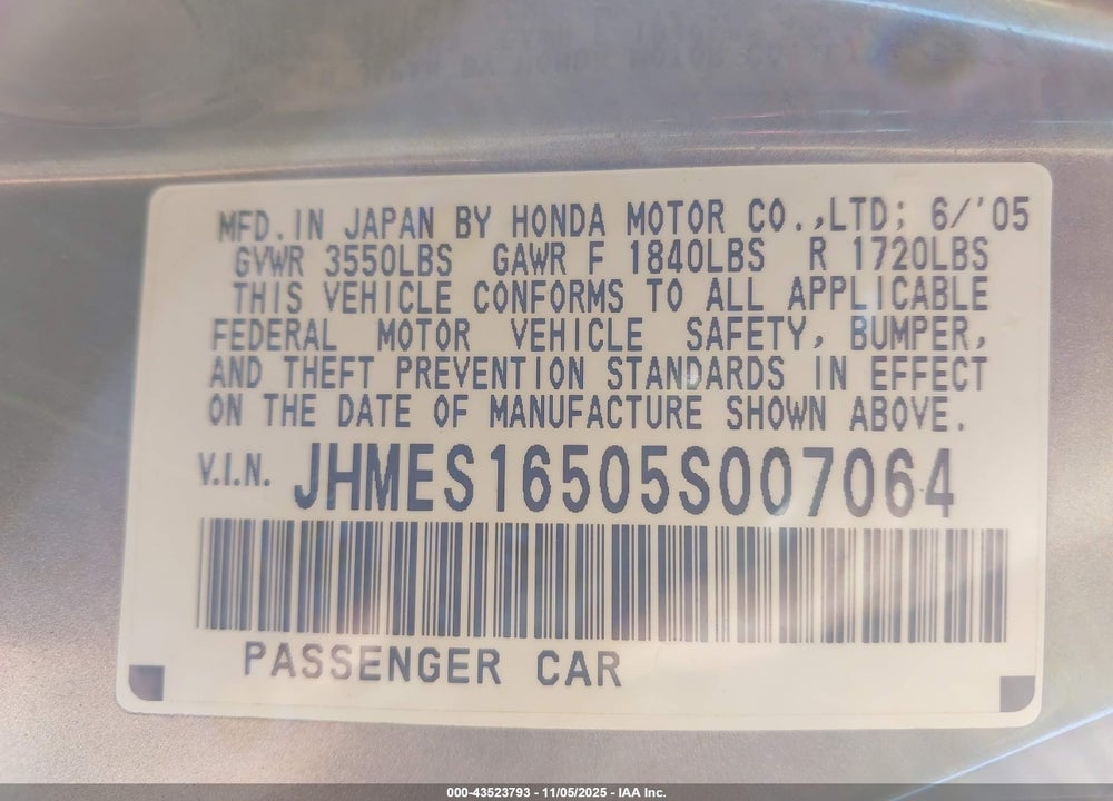 2005 HONDA CIVIC LX VIN: JHMES16505S007064