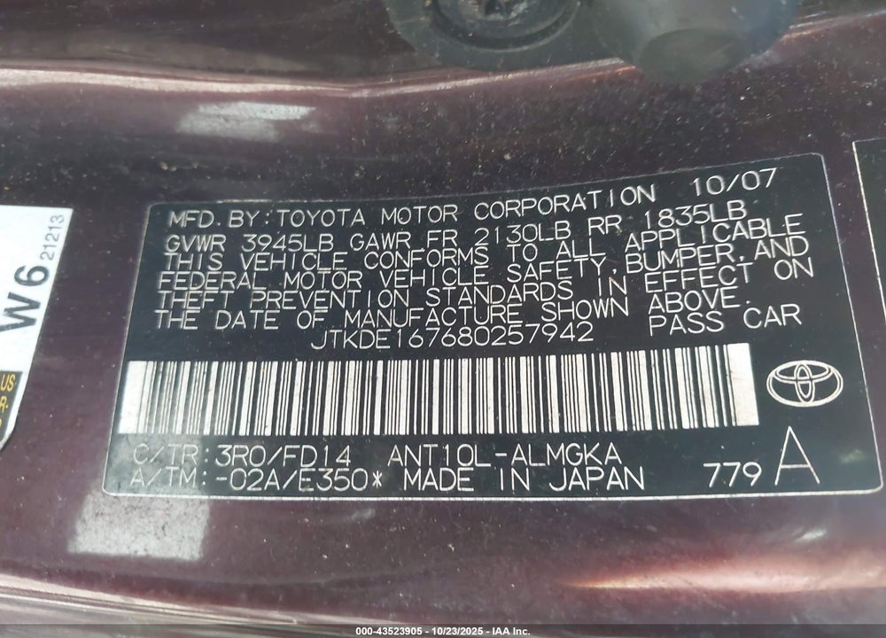 2008 SCION TC VIN: JTKDE167680257942