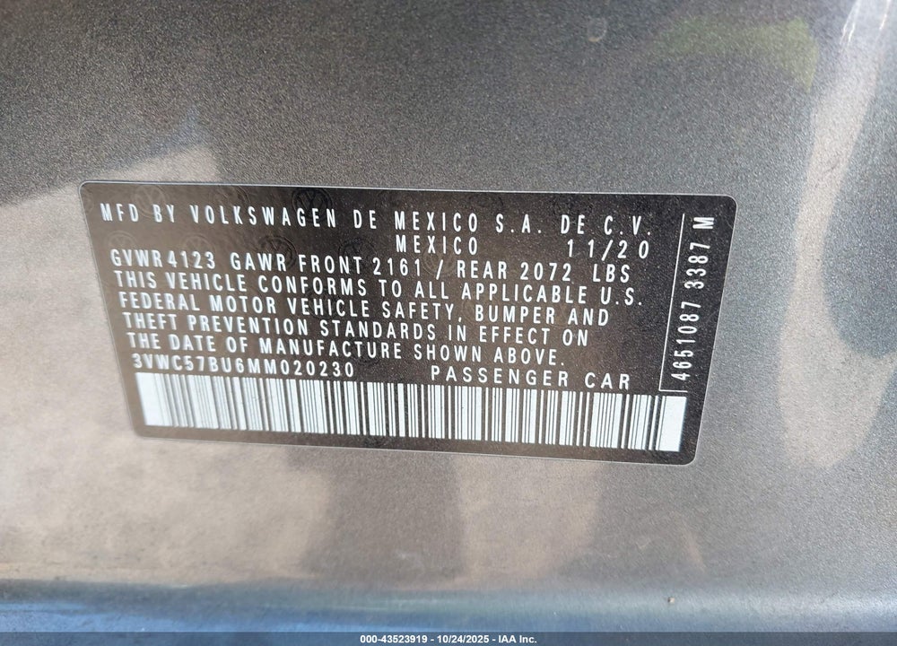 2021 VOLKSWAGEN JETTA VIN: 3VWC57BU6MM020230