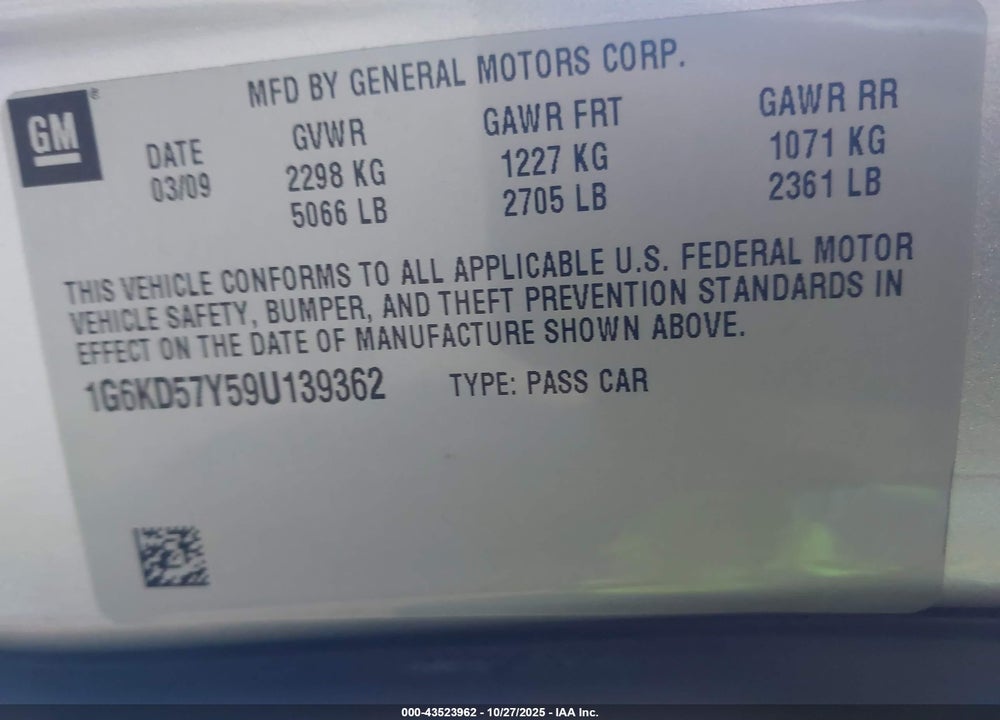 2009 CADILLAC DTS 1SD VIN: 1G6KD57Y59U139362