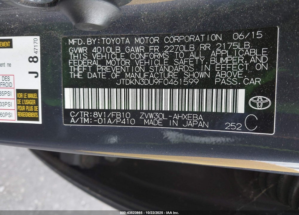 2015 TOYOTA PRIUS TWO VIN: JTDKN3DU9F0461599