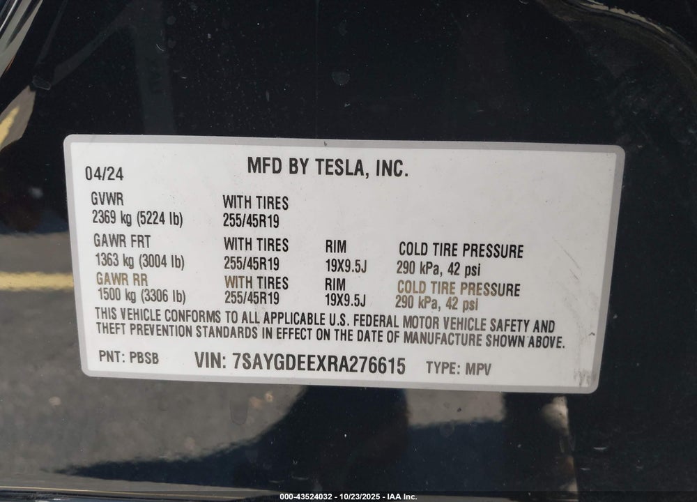 2024 TESLA MODEL Y LONG RANGE DUAL MOTOR ALL-WHEEL DRIVE VIN: 7SAYGDEEXRA276615