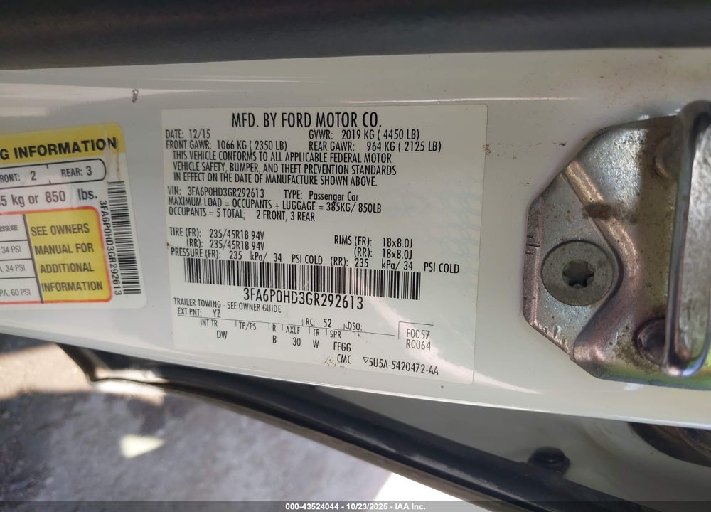 2016 FORD FUSION SE VIN: 3FA6P0HD3GR292613