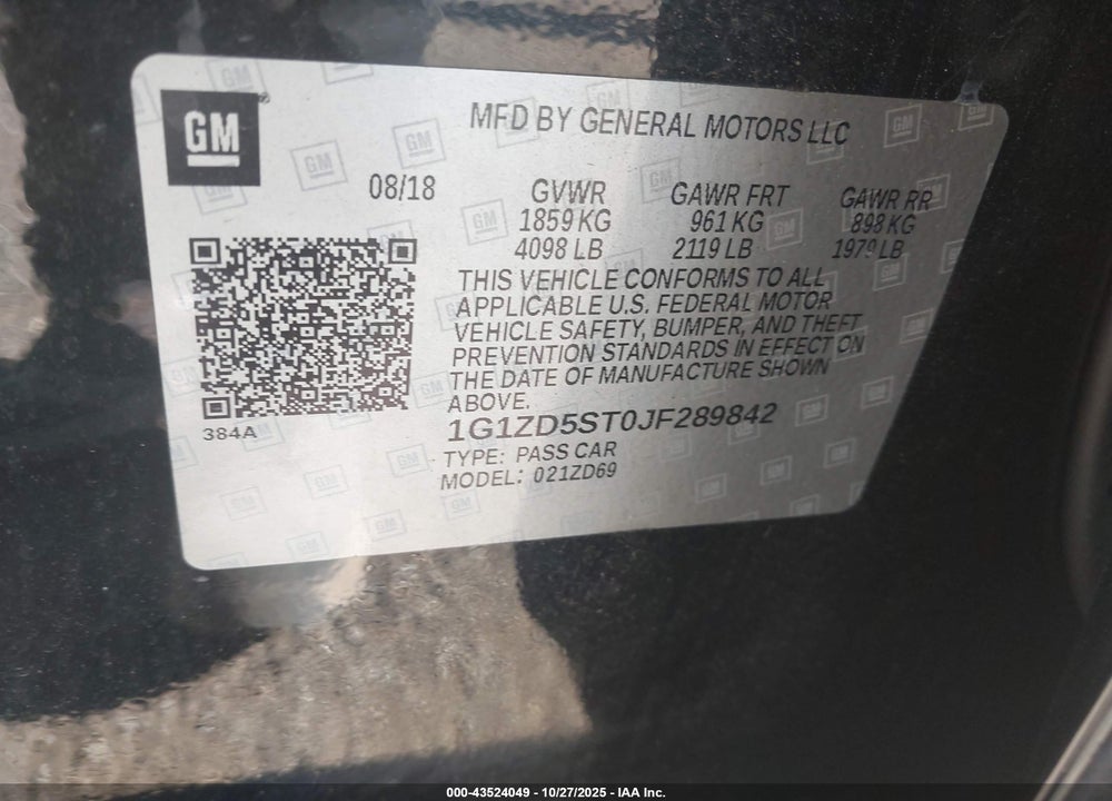 2018 CHEVROLET MALIBU LT VIN: 1G1ZD5ST0JF289842