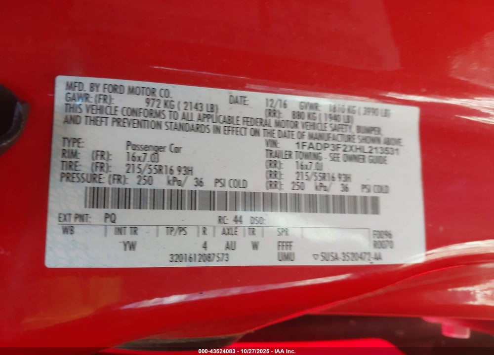 2017 FORD FOCUS VIN: 1FADP3F2XHL213531