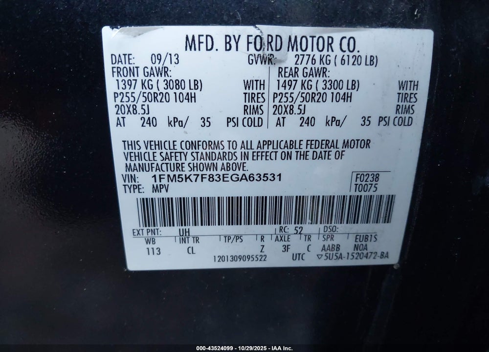 2014 FORD EXPLORER VIN: 1FM5K7F83EGA63531
