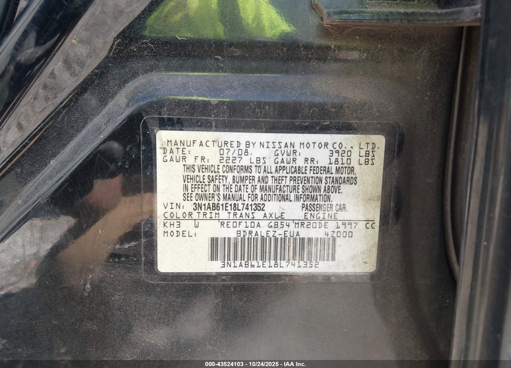 2008 NISSAN SENTRA 2.0S VIN: 3N1AB61E18L741352