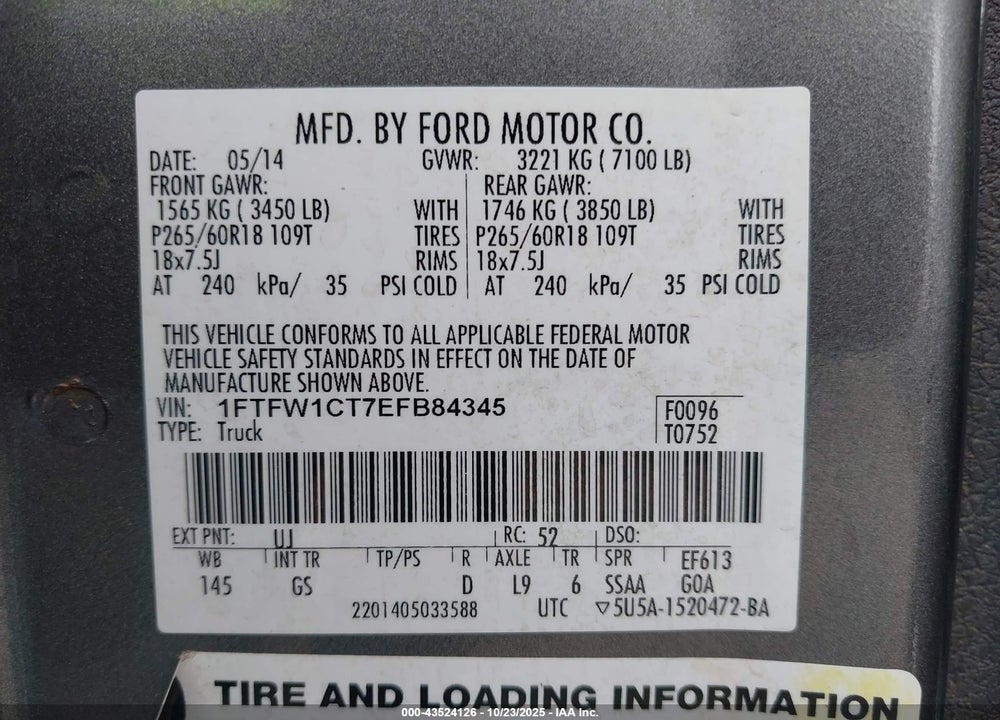 2014 FORD F-150 XLT VIN: 1FTFW1CT7EFB84345
