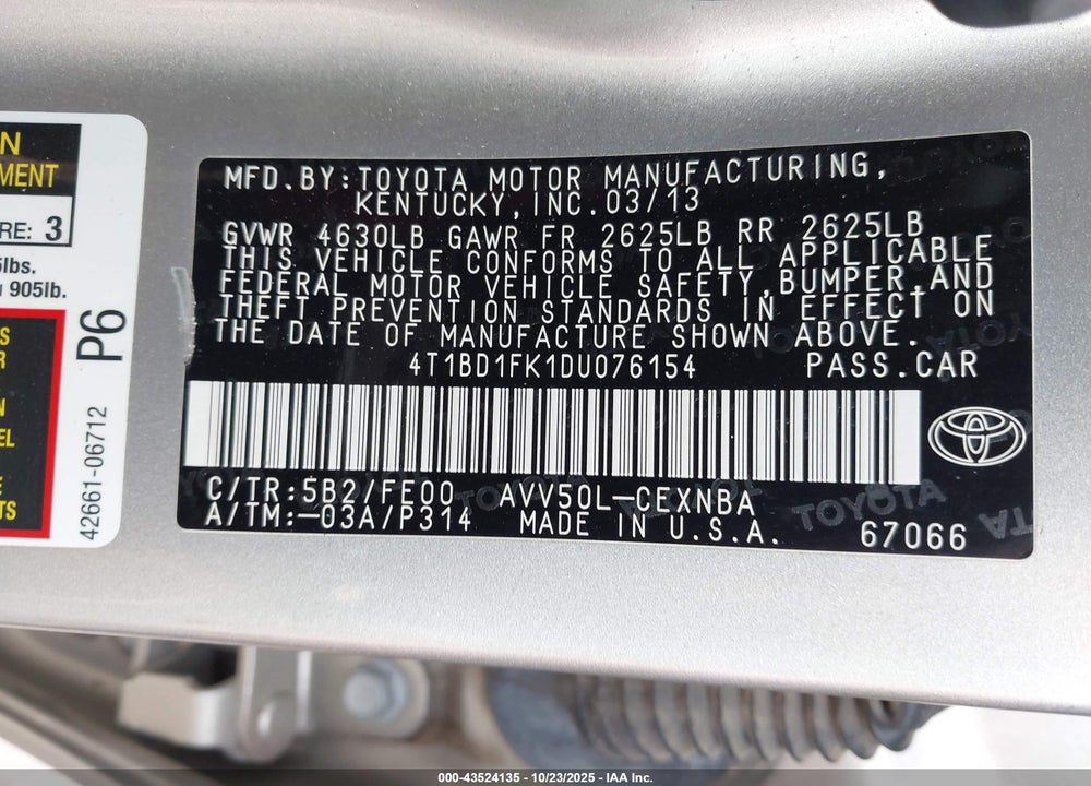 2013 TOYOTA CAMRY HYBRID VIN: 4T1BD1FK1DU076154