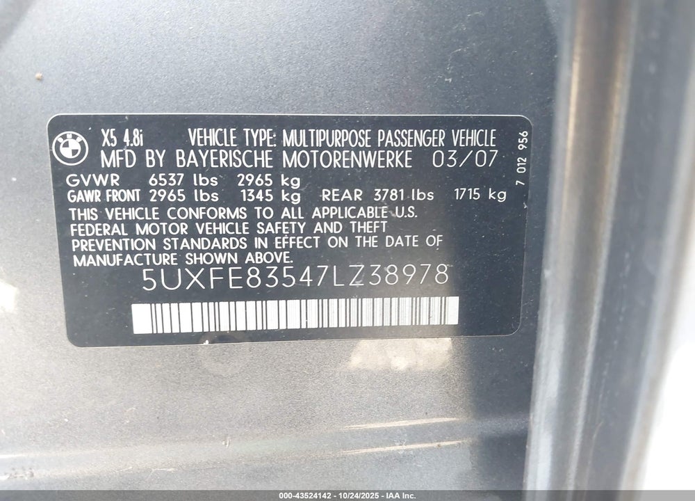 2007 BMW X5 4.8I VIN: 5UXFE83547LZ38978