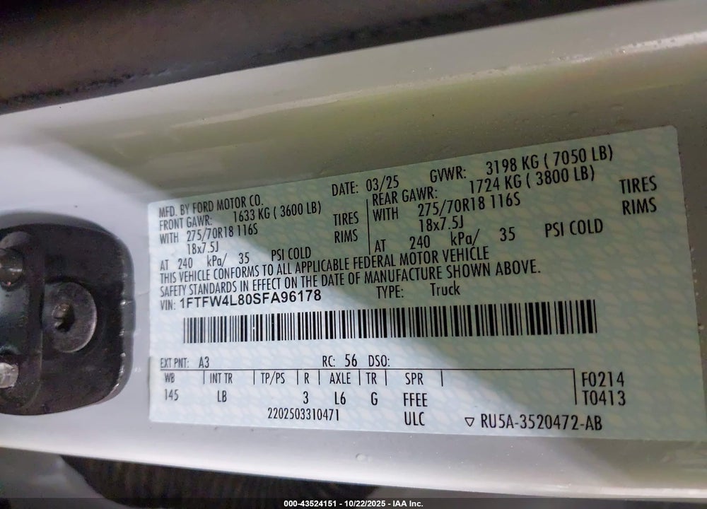 2025 FORD F-150 TREMOR VIN: 1FTFW4L80SFA96178