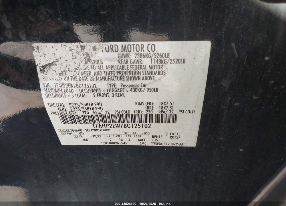 2011 FORD TAURUS SEL VIN: 1FAHP2EW7BG125102