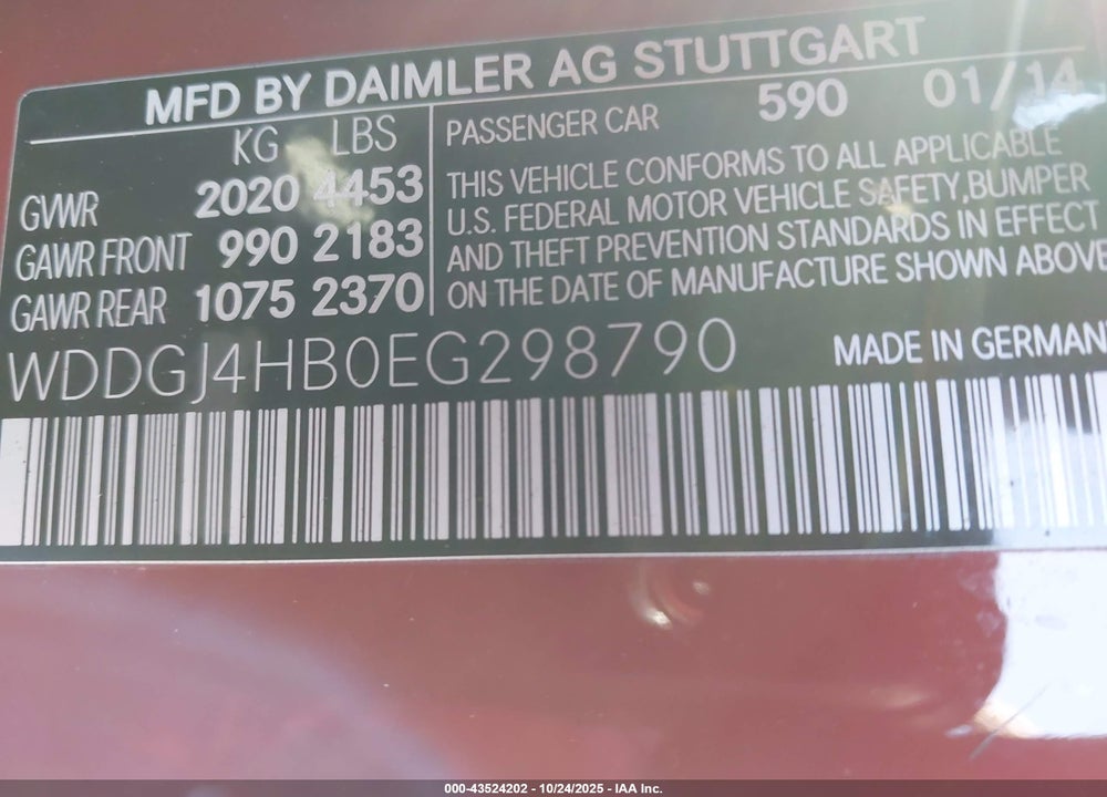 2014 MERCEDES-BENZ C CLASS VIN: WDDGJ4HB0EG298790