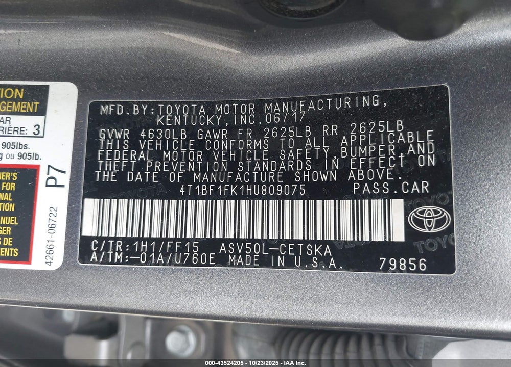 2017 TOYOTA CAMRY SE VIN: 4T1BF1FK1HU809075