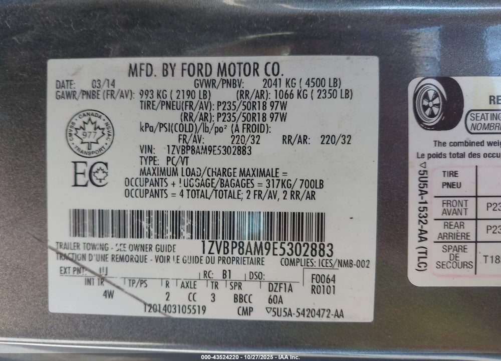 2014 FORD MUSTANG VIN: 1ZVBP8AM9E5302883