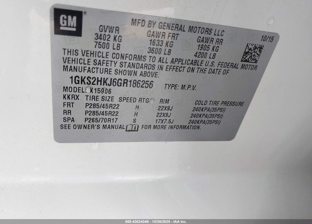 2016 GMC YUKON XL DENALI VIN: 1GKS2HKJ6GR186256