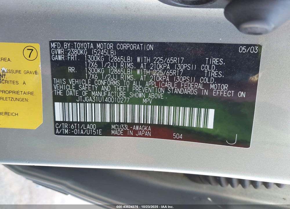 2004 LEXUS RX 330 VIN: JTJGA31U140010277