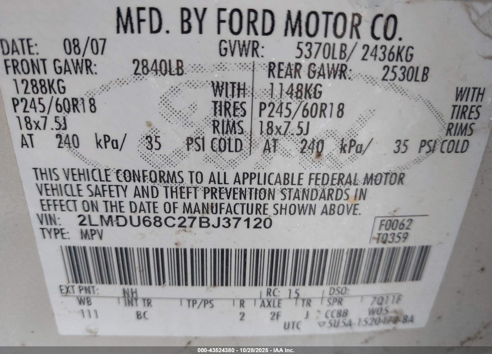 2007 LINCOLN MKX VIN: 2LMDU68C27BJ37120