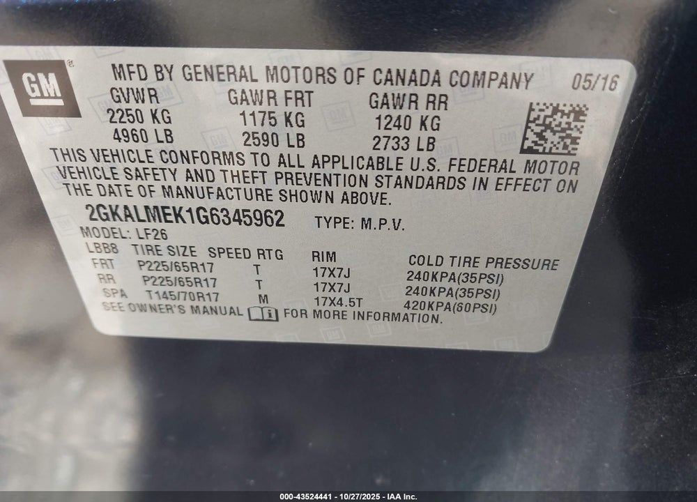 2016 GMC TERRAIN VIN: 2GKALMEK1G6345962