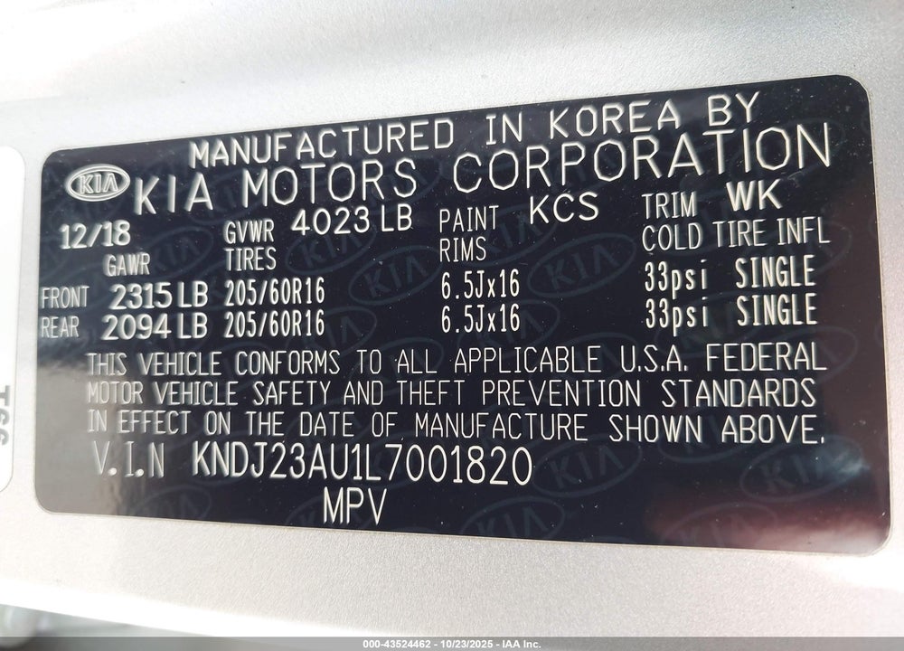 2020 KIA SOUL !/+/S VIN: KNDJ23AU1L7001820