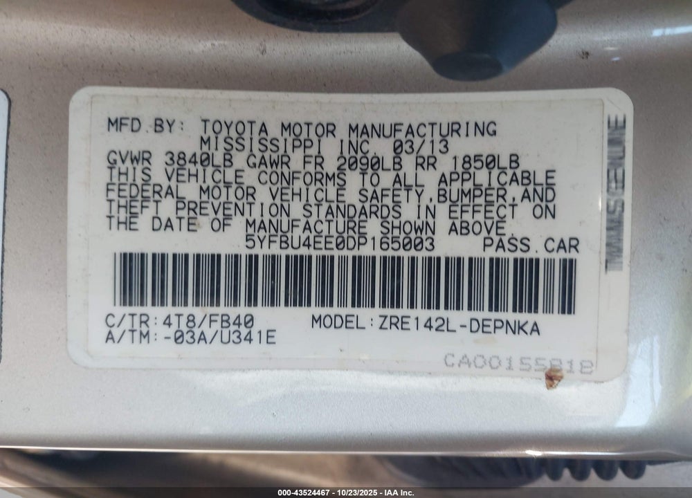 2013 TOYOTA COROLLA VIN: 5YFBU4EE0DP165003