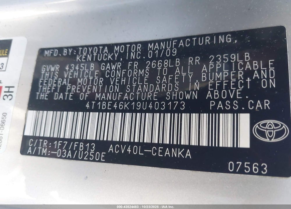 2009 TOYOTA CAMRY LE VIN: 4T1BE46K19U403173