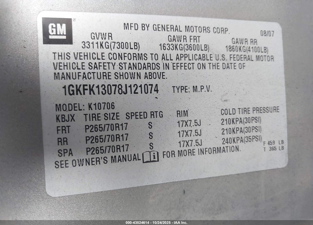 2008 GMC YUKON VIN: 1GKFK13078J121074