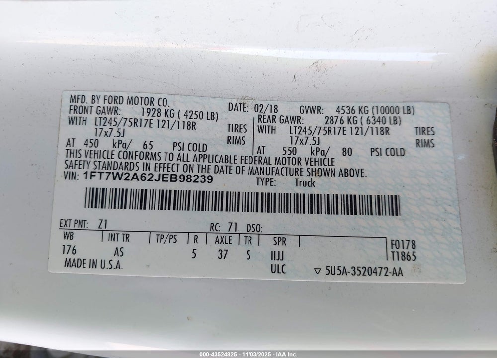 2018 FORD F-250 VIN: 1FT7W2A62JEB98239