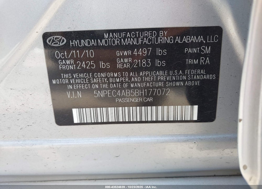 2011 HYUNDAI SONATA VIN: 5NPEC4AB5BH177072
