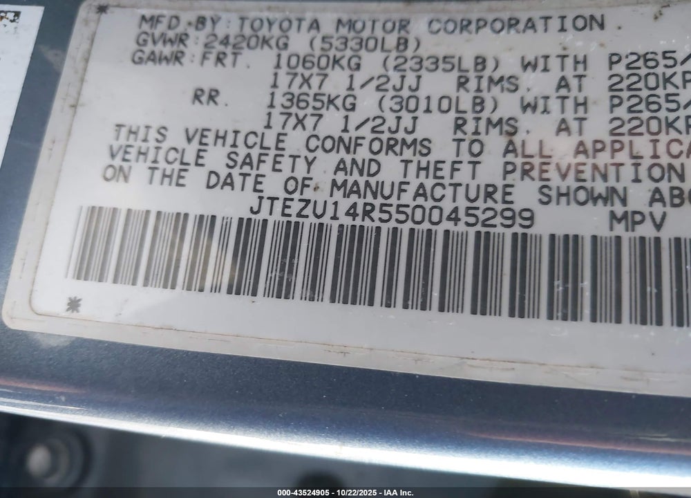 2005 TOYOTA 4RUNNER SR5 V6 VIN: JTEZU14R550045299