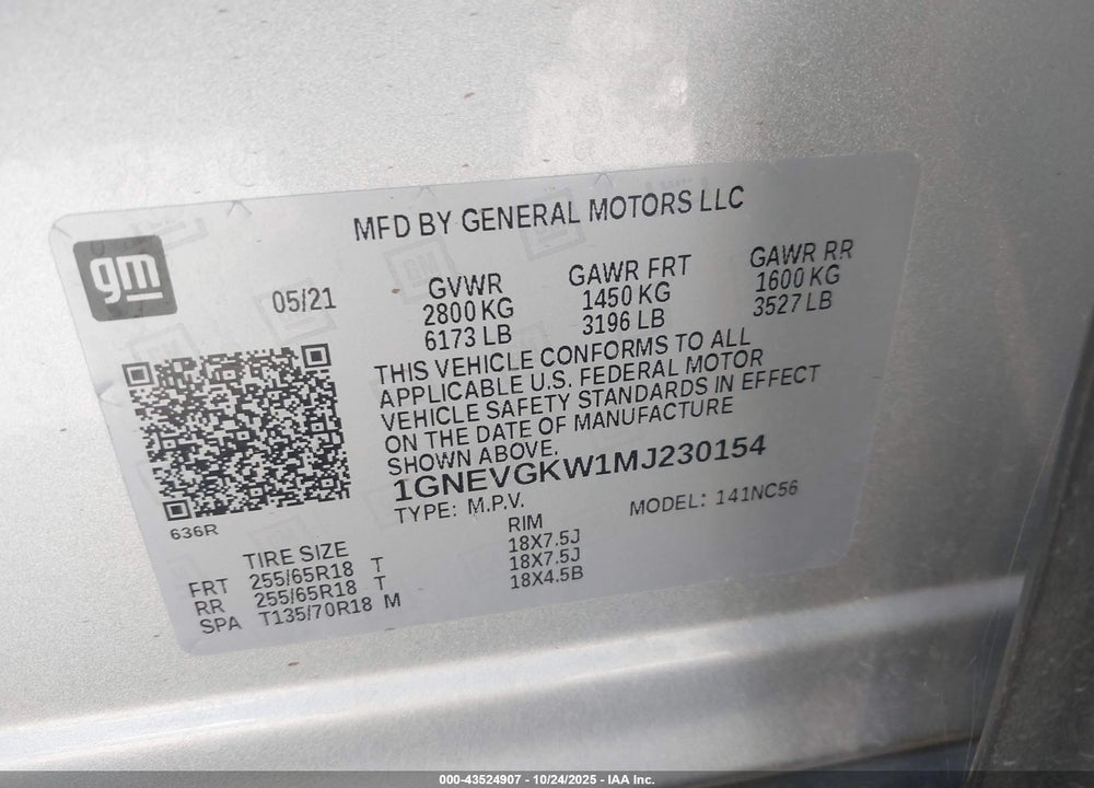 2021 CHEVROLET TRAVERSE VIN: 1GNEVGKW1MJ230154