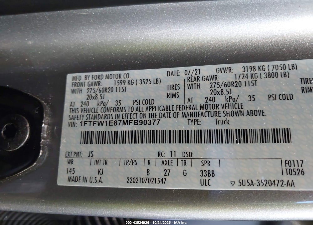 2021 FORD F-150 KING RANCH VIN: 1FTFW1E87MFB90377