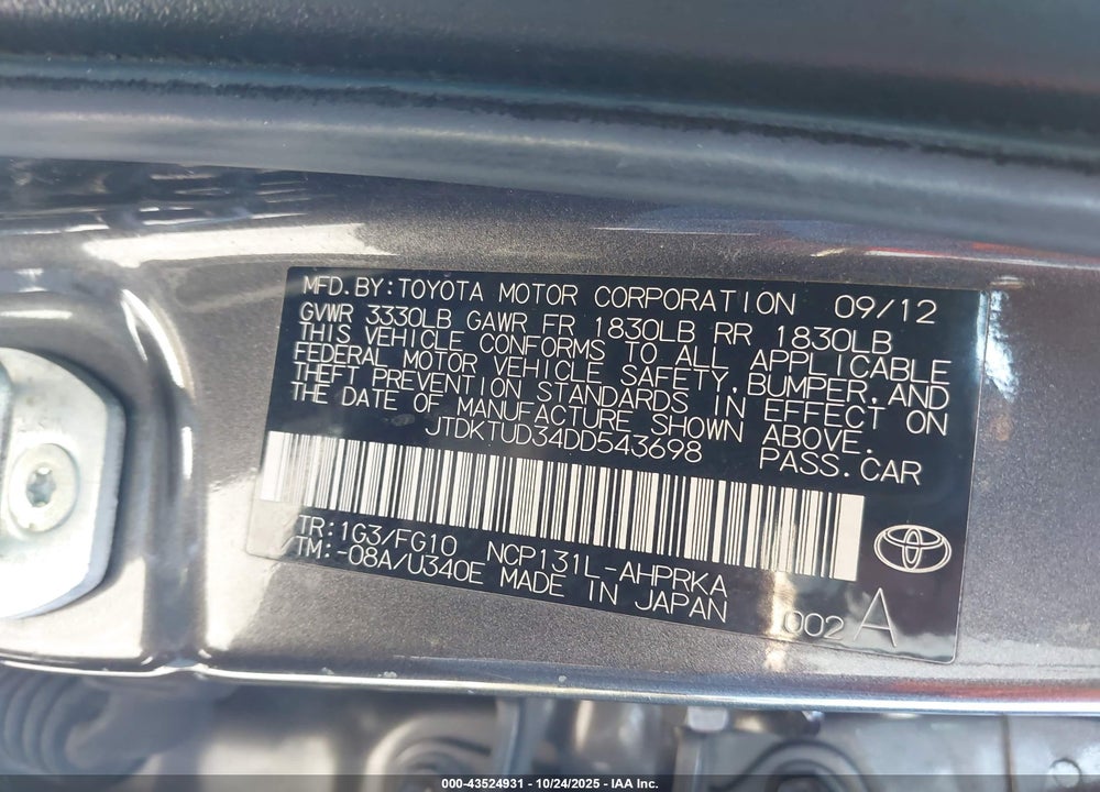 2013 TOYOTA YARIS L VIN: JTDKTUD34DD543698