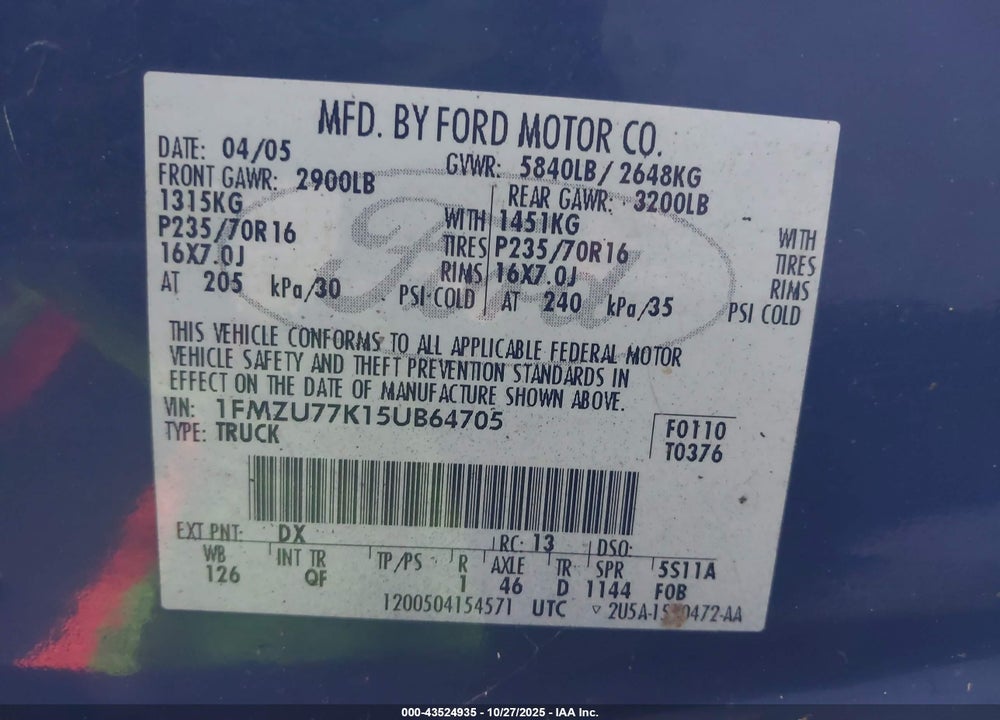 2005 FORD EXPLORER SPORT TRAC ADRENALIN/XLS/XLT VIN: 1FMZU77K15UB64705