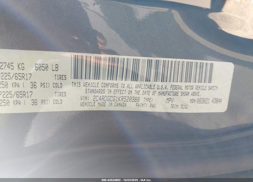 2019 DODGE GRAND CARAVAN SXT VIN: 2C4RDGCG1KR520388