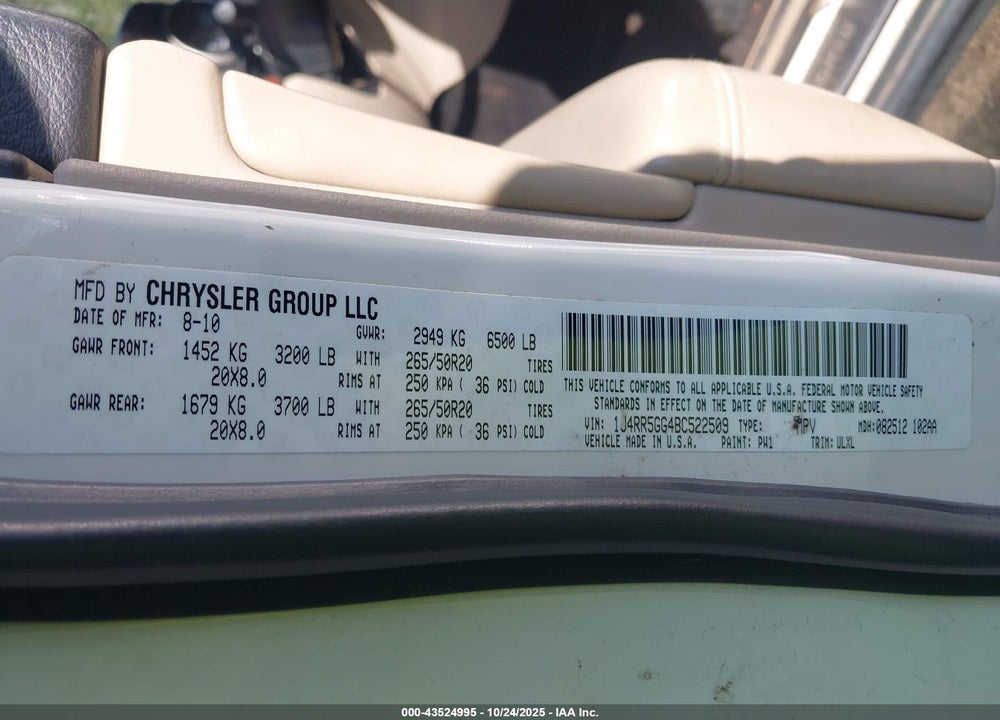 2011 JEEP GRAND CHEROKEE LIMITED VIN: 1J4RR5GG4BC522509