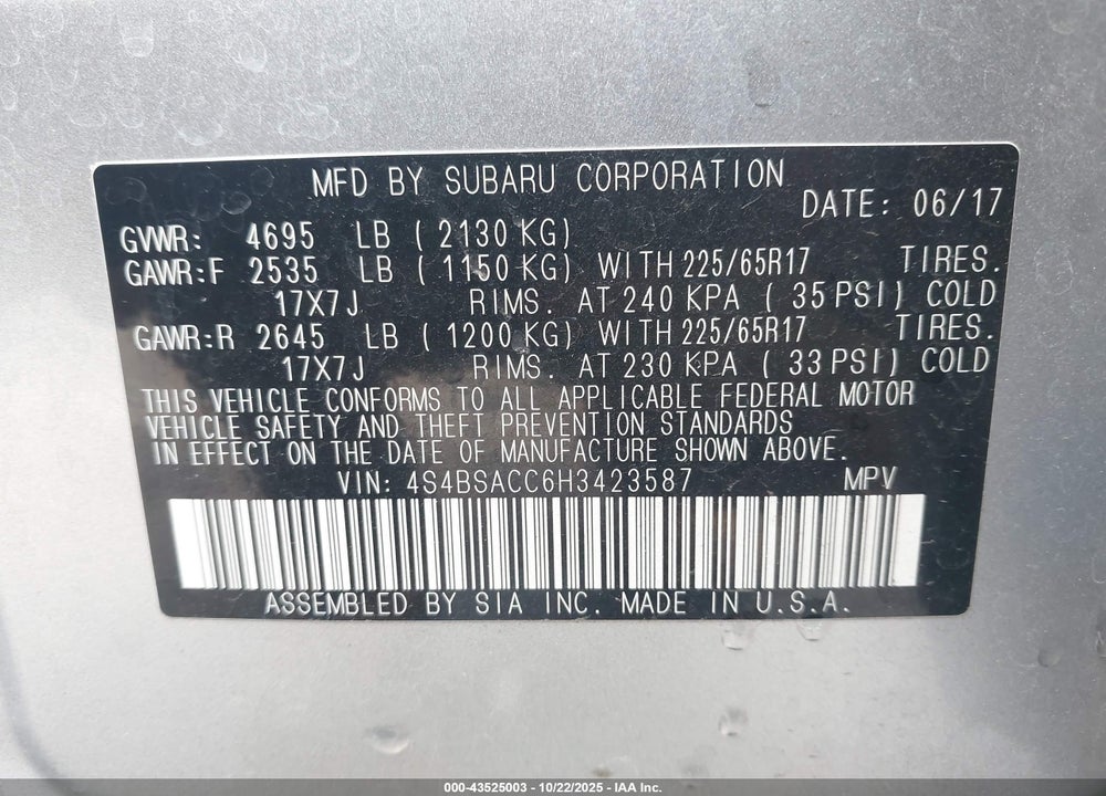 2017 SUBARU OUTBACK VIN: 4S4BSACC6H3423587