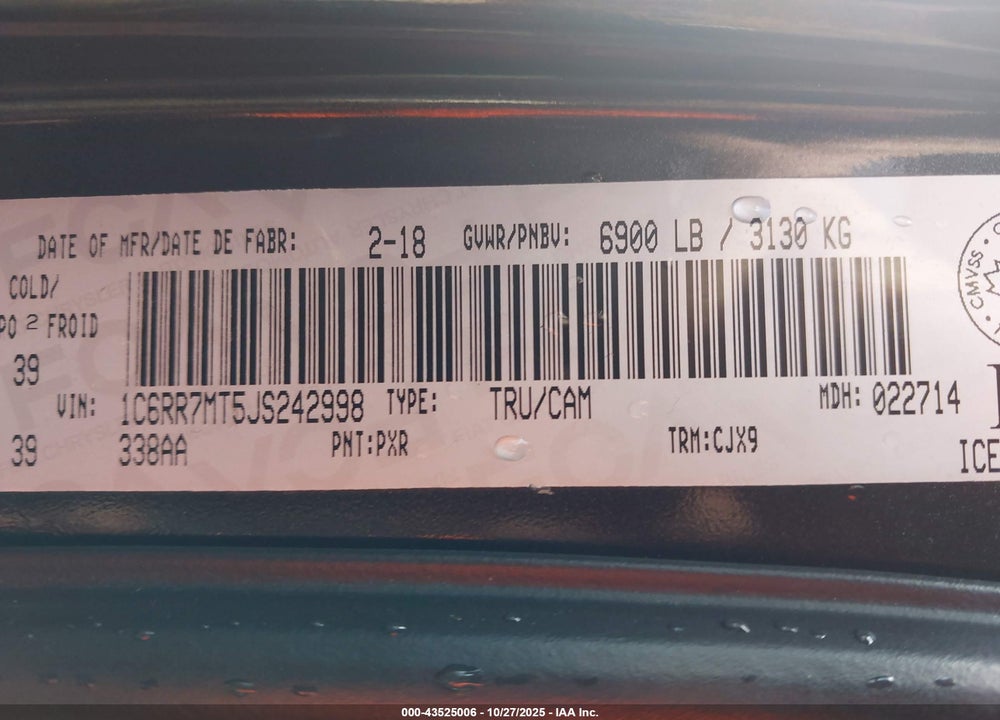 2018 RAM 1500 VIN: 1C6RR7MT5JS242998