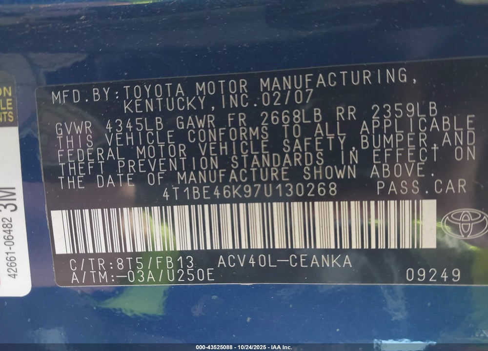 2007 TOYOTA CAMRY LE VIN: 4T1BE46K97U130268