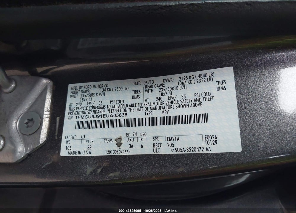 2014 FORD ESCAPE TITANIUM VIN: 1FMCU9J91EUA05836