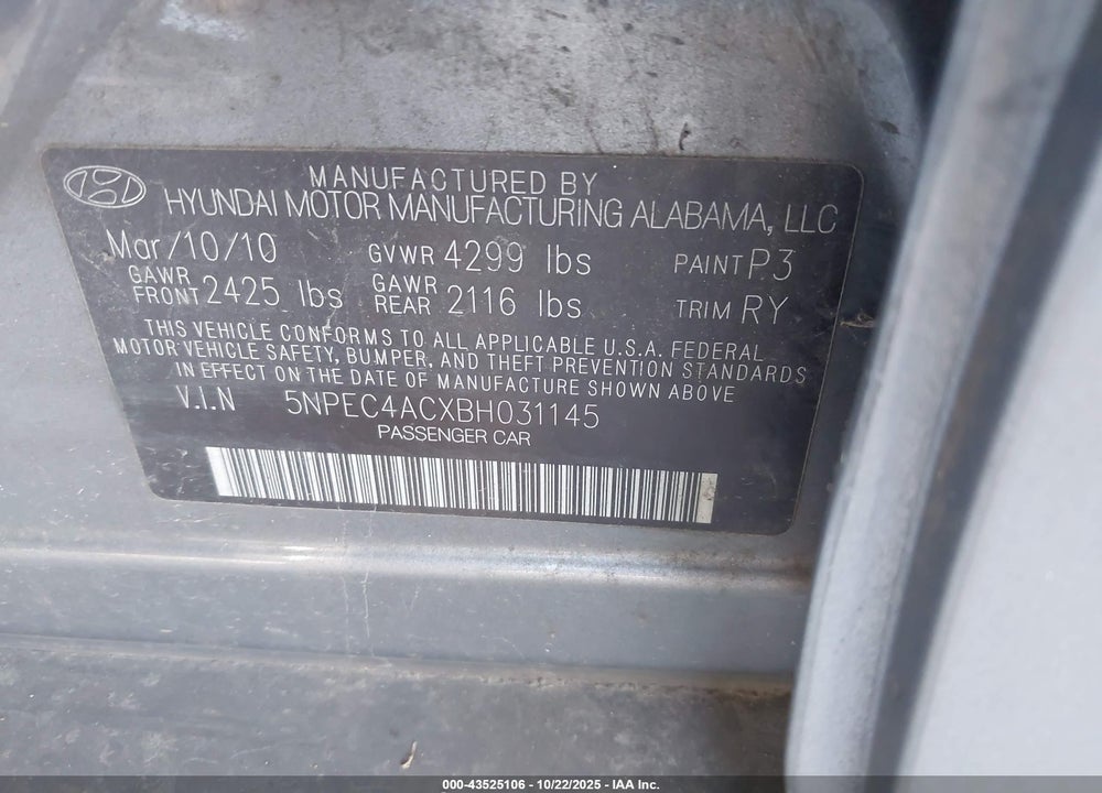 2011 HYUNDAI SONATA LIMITED VIN: 5NPEC4ACXBH031145