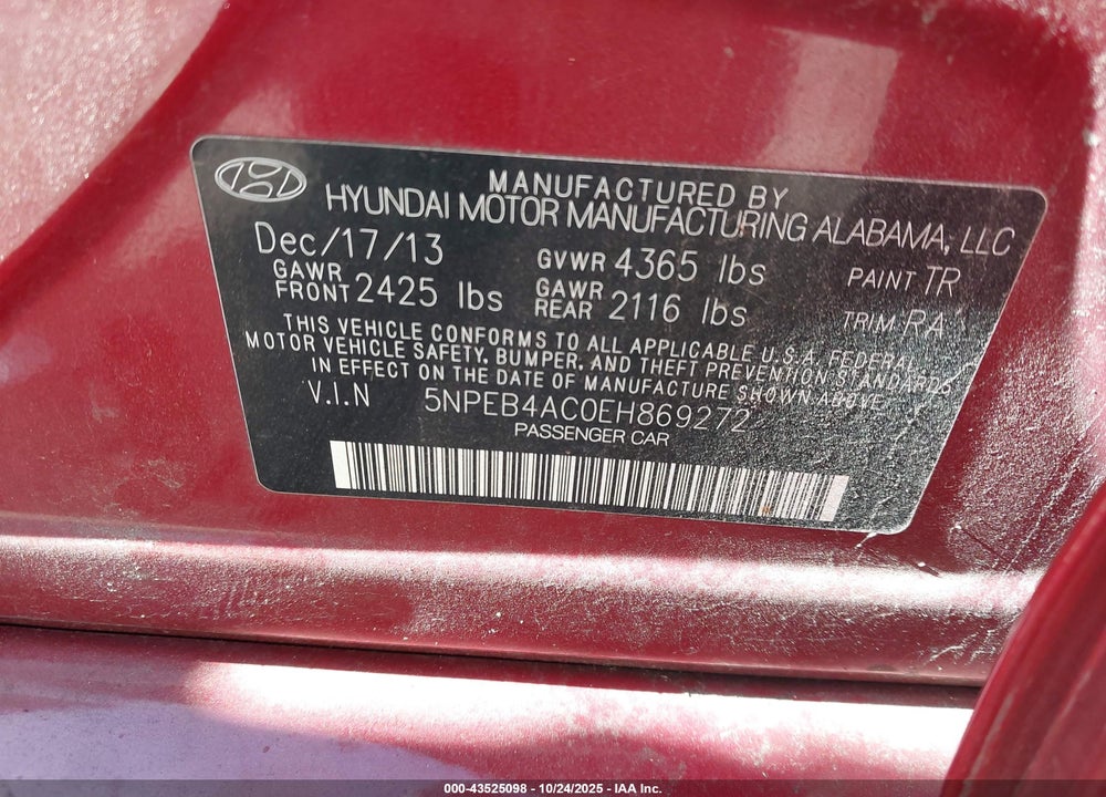 2014 HYUNDAI SONATA VIN: 5NPEB4AC0EH869272