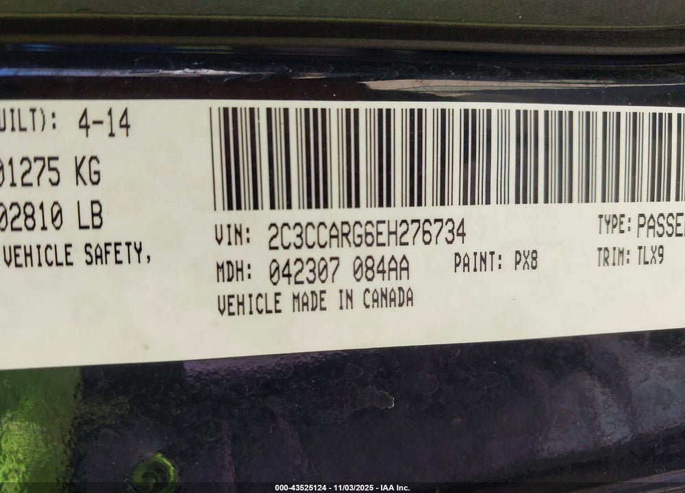 2014 CHRYSLER 300 VIN: 2C3CCARG6EH276734