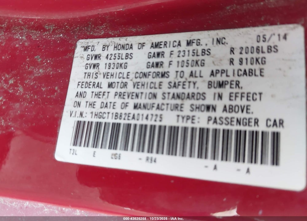 2014 HONDA ACCORD EX-L VIN: 1HGCT1B82EA014725