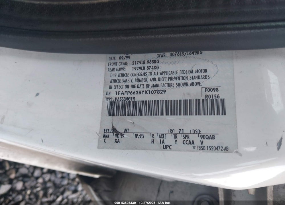 2000 FORD CONTOUR SE FLEET VIN: 1FAFP6638YK107829
